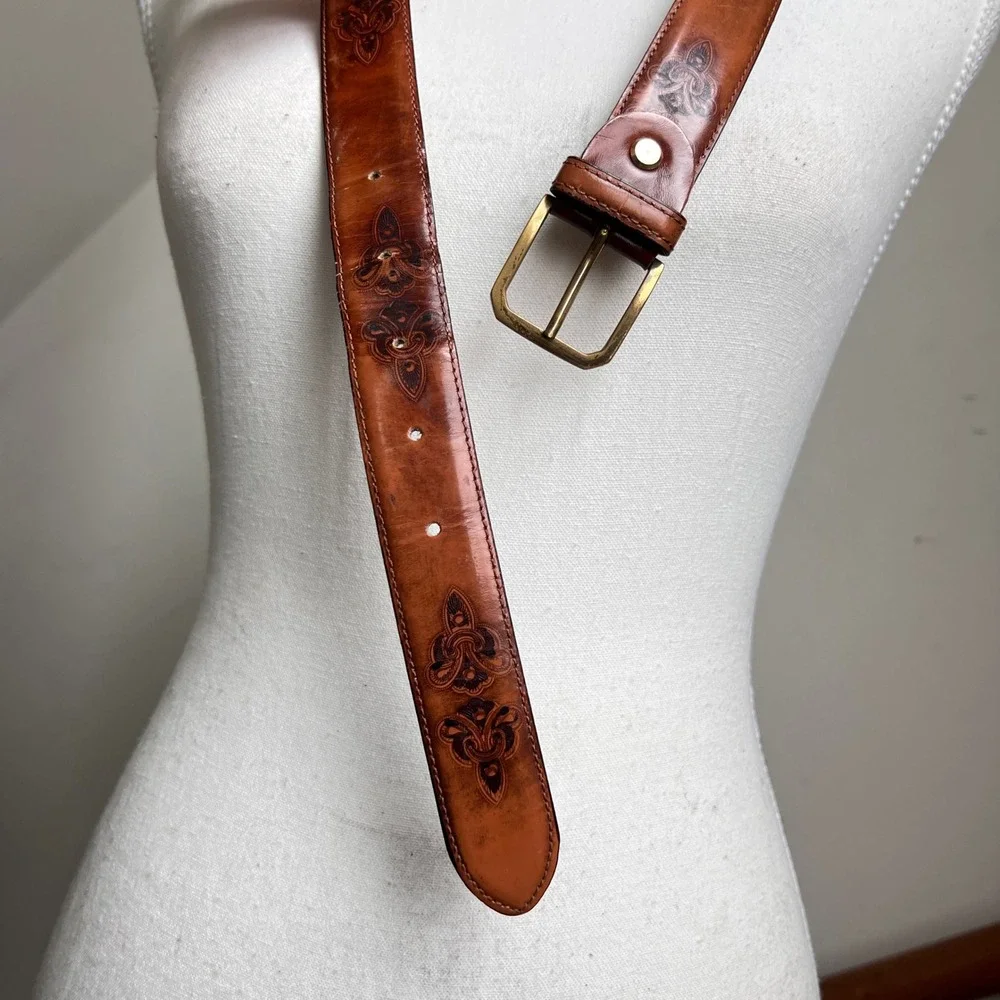Vintage Ermenegildo Zegna Tooled Leather Belt Brown Womens Gold Buckle Cognac